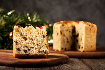 Panettone with candied fruits, traditional Christmas bread.