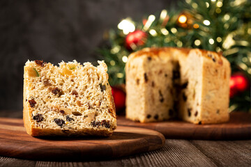 Fototapeta na wymiar Panettone with candied fruits, traditional Christmas bread.