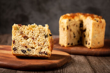 Panettone with candied fruits, traditional Christmas bread.