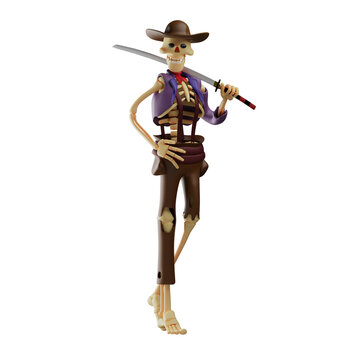 3D Valiant Skull Cowboy Cartoon Character holding a gun