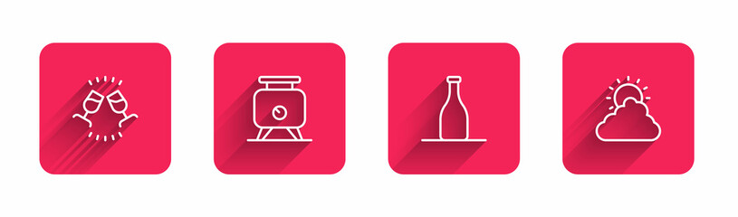 Set line Wine tasting, degustation, Fermentation of grapes, Bottle wine and Sun and cloud weather with long shadow. Red square button. Vector