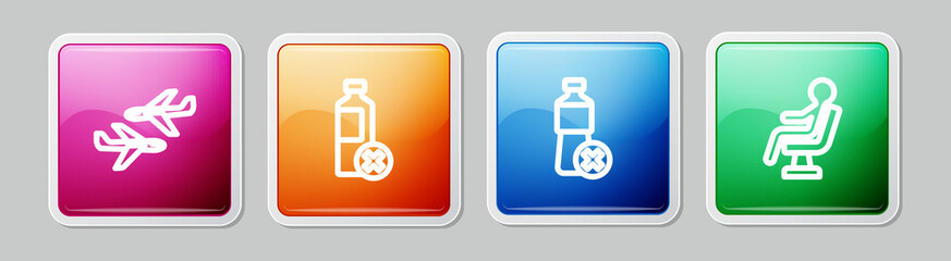 Set line Plane, No water bottle, and Human waiting in airport terminal. Colorful square button. Vector
