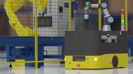 Factory 4.0 concept: The AGV (Automated guided vehicle) with universal robot is carrying parts in smart factory. 3D illustration