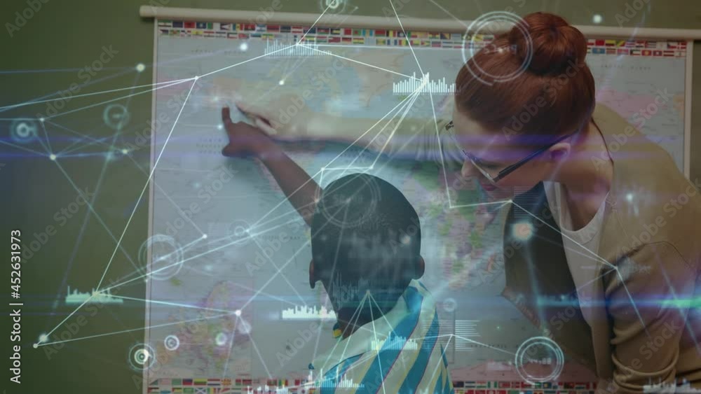 Wall mural Animation of networks of connections over schoolboy and teacher in classroom