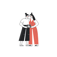 Cute gay couple expecting a baby, girls hold up ultrasound picture. Scene with lesbian family cuddling, isolated on white. Lesbian couple waiting for baby. Linear Flat.