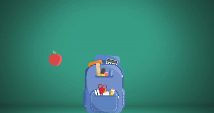 Animation of backpack and school items icons over green background