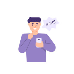 illustration of a boy who is happy when he sees something on his smartphone. get online gift or surprise. happy expression. flat cartoon style. vector design