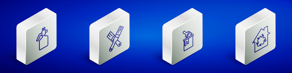 Set Isometric line Paint spray gun, brush, bucket with and Painting the house icon. Vector