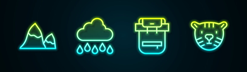 Set line Mountains, Cloud with rain, Hiking backpack and Tiger head. Glowing neon icon. Vector