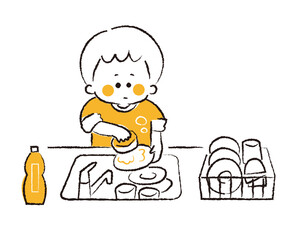 台所で皿洗いのお手伝いをする男児.