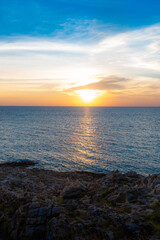 Sunset on the sea with views of mountains, Sunset water horizon landscape.