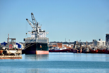 A container ship loading in the port of Mar del Plata, Argentina