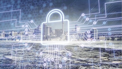 Digital lock icon and city background, concept of data security