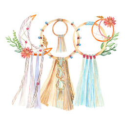 Watercolor composition of hand drawn dream catchers, twigs, herbs and dried flowers. Macrame, Boho chic style.