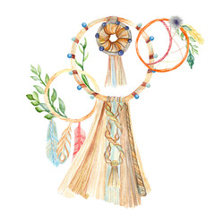 Watercolor set of hand drawn dreamcatchers, knitted feathers, twigs, herbs and dried flowers. Macrame, Boho chic style.