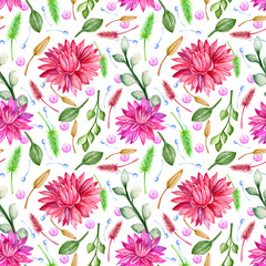 Seamless watercolor pattern in summer style. Pink flowers, green branches, various herbs and leaves on a white background. Dried flowers, boho chic