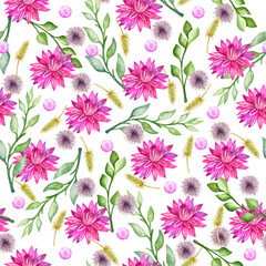 Seamless watercolor pattern in summer style. Pink flowers, green twigs, a variety of herbs and leaves in a boho style. Dried flowers
