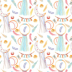 Seamless watercolor pattern with macrame style dreamcatcher, knitted colored feathers and a garland of threads. Boho style, knitting