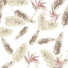 White Pattern Exotic. Brown Tropical Background. Gray Floral Botanical. Decoration Plant. Floral Design. Summer Leaf. Spring Art. Wallpaper Leaf.
