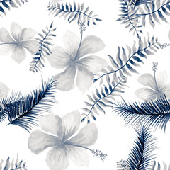 Fototapeta na wymiar Blue Seamless Foliage. Navy Pattern Leaf. Cobalt Tropical Background. Gray Spring Texture. Indigo Decoration Vintage. Drawing Botanical. Watercolor Nature.