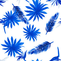 Fototapeta na wymiar Cobalt Pattern Painting. Navy Seamless Hibiscus. White Tropical Art. Indigo Flower Illustration. Blue Floral Leaf. Wallpaper Textile. Decoration Textile.