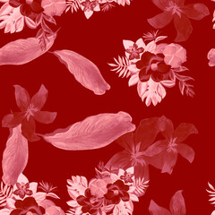 Fototapeta premium Brown Seamless Leaf. Coral Pattern Art. Ruby Tropical Plant. Pink Flower Illustration. Scarlet Flora Palm. Spring Illustration. Summer Exotic.Floral Painting.