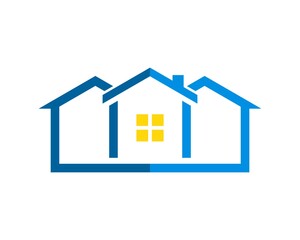 Three simple house in blue colors and yellow window