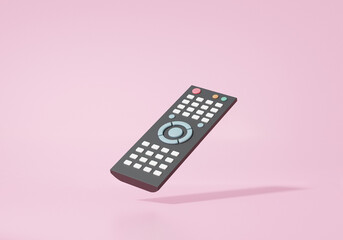 Remote black control icon cartoon minimal style on pink background, tv connection , banner, copy space, 3d render. illustration - obrazy, fototapety, plakaty
