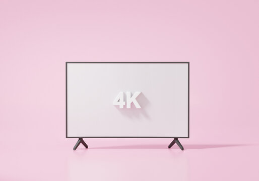 Minimal cartoon style new tv modern, 4k clear white screen on pink pastel background, media connection , banner, copy space, 3D render illustration