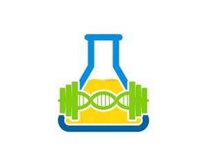 Triangle bottle laboratory with yellow liquid and DNA barbell inside