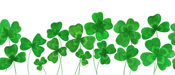 Fototapeta na wymiar Saint Patrick's day seamless border on white background. Hand drawn watercolor clover shamrock for good luck, hope and happiness.
