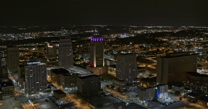 Kansas Missouri Aerial v3 panoramic pan left shot of downtown financial district on a quiet night with low traffic - Shot with Inspire 2, X7 camera - August 2020
