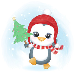 Cute penguin and pine christmas, Christmas watercolor illustration.