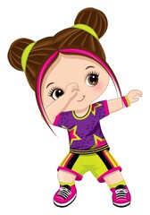 Cuter Little Girl Dabbing. Brunette Little Girl Dancing Hip Hop. Vector Dabbing Girl 