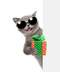 Happy cat wearing sunglasses holds gift box and looks from behind empty white banner. isolated on white background