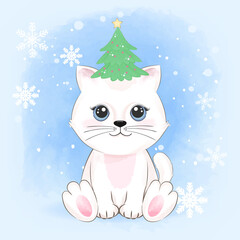 Cute cat and christmas tree on head winter, Christmas illustration.