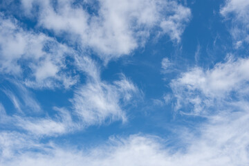 Fototapeta premium Beautiful cirrus clouds in the blue morning sky. Background of blue sky and white cirrus clouds in summer for your photos, mockup for design.