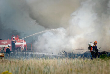 Obraz premium Firefighters extinguish a forest fire in the reserve on a summer day