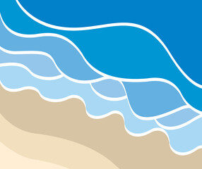 High angle view. 5 layers white edged blue ocean waves, and 3 layers golden beach waves, from light to dark, abstract ready for banner, invitation, poster or website design, 3d view, copy space.