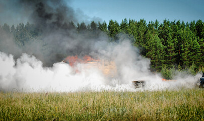 Fototapeta premium Firefighters extinguish a forest fire in the reserve on a summer day
