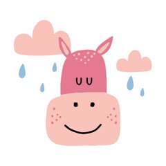 Childrens hand-drawn illustration of a pink hippo. Hippopotamus with clouds and rain. Illustration for postcards and prints.