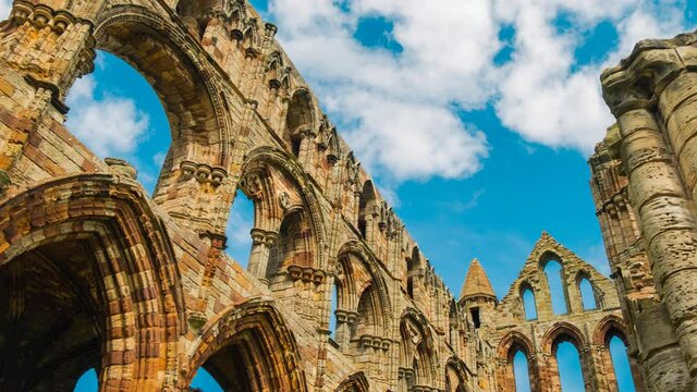 Timelapse of the ruins of Whitby Abbey, a 7th-century Christian monastery and Benedictine abbey in Yorkshire, England, UK