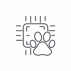 Microchip with an animal paw print. Veterinary chipping. Vector linear icon isolated on white background.