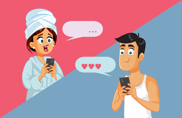 Couple in Long Distance Relationship Text Messaging Vector Cartoon