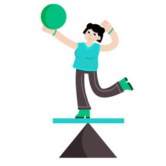 Woman balancing on geometric figure. Concept of problem solving and multitasking. Circus and yoga. Balance in life. Flat cartoon illustration