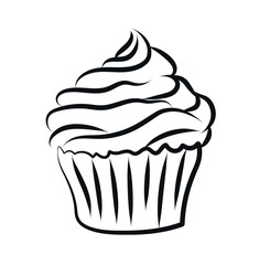 Vector cupcake with strawberry hand drawn design. Doodle cupcake with cream isolated on white background. Sweet dessert in vintage style. Great for print, coloring, logo for business or personal proje