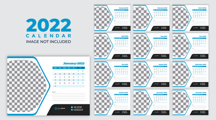 desk calendar 2022, table calendar,2022 calendar template. Corporate and business planner diary. Week starts on Sunday. Set of 12 months 2022 pages.