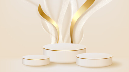 Realistic white display stand with golden curve lines scene, podium showing product for promotion sales and marketing. luxury style background. 3d vector illustration.