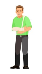 Fototapeta premium Guy is sick. Fracture of arm, plaster applied. Young handsome boy. Sad. In jeans and T-shirt. Painfully. Single is worth it. Cartoon flat style. Illustration isolated on white background. Vector.