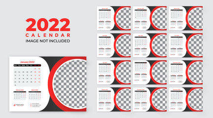 desk calendar 2022, table calendar,2022 calendar template. Corporate and business planner diary. Week starts on Sunday. Set of 12 months 2022 pages.